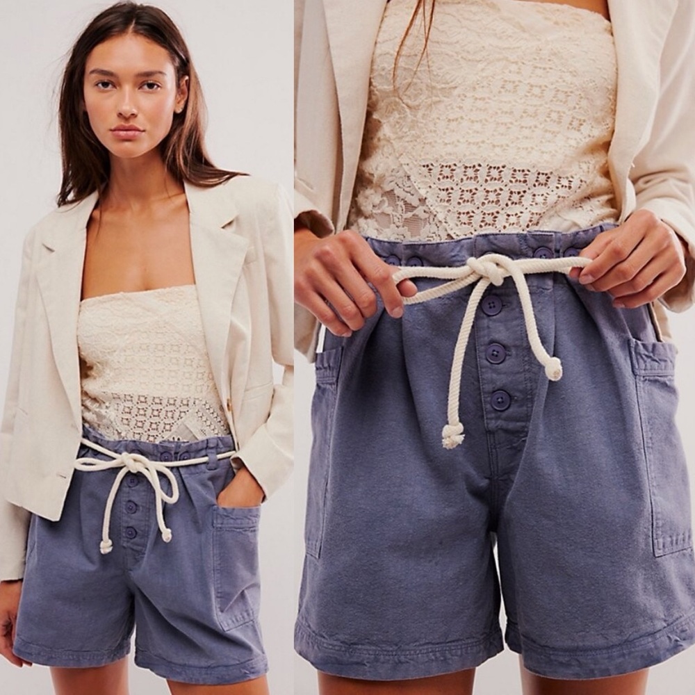 FREE PEOPLE Coney Beach Short NEW Blue Cotton Linen - Picture 2 of 5